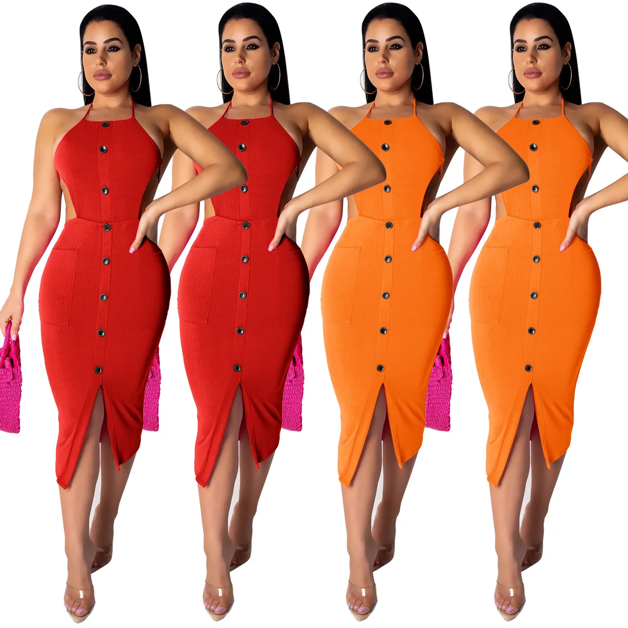 Summer Women  Classic Fit Button Decor Halter Solid Pinpoint Non-Iron Dress