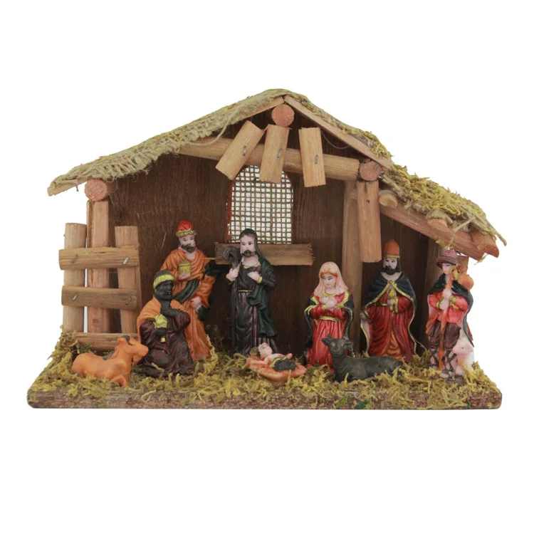 Wholesale Resin Religious Nativity Holy Family 9 Piece Nativity Set Christmas Figurines with Wooden Stable