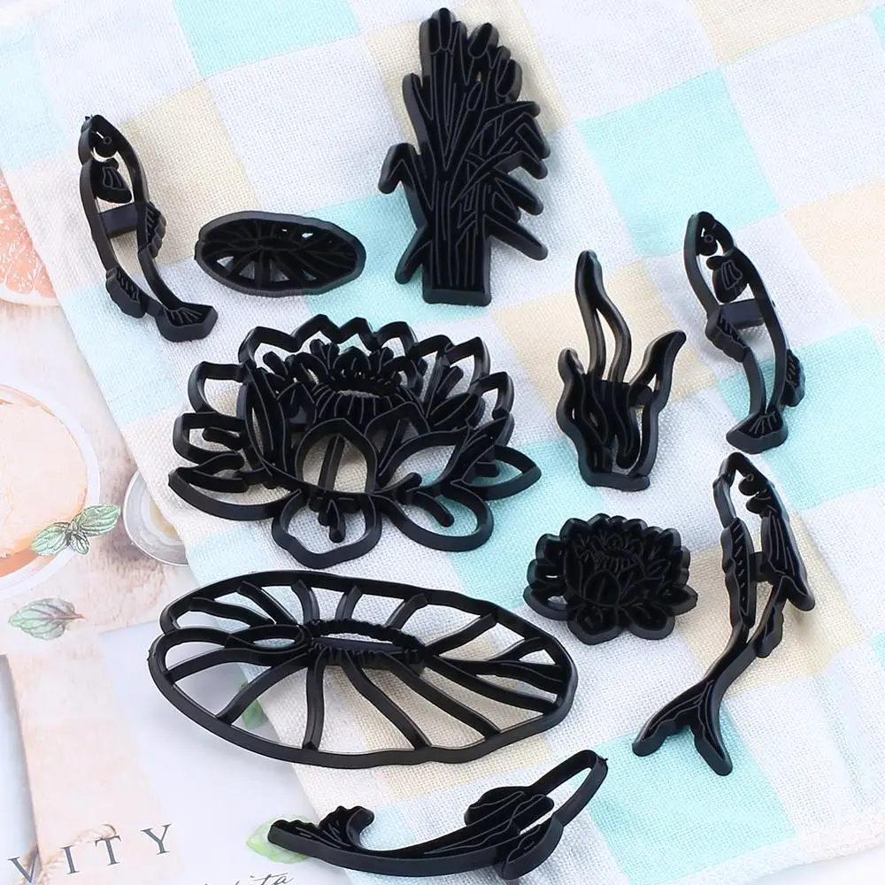 
10pcs/set Lotus Pond Cookie Cutter Molds Lotus Fish Fondant Die Cake Decorating Tools Chocolate Biscuit Sugarpaste Moulds 