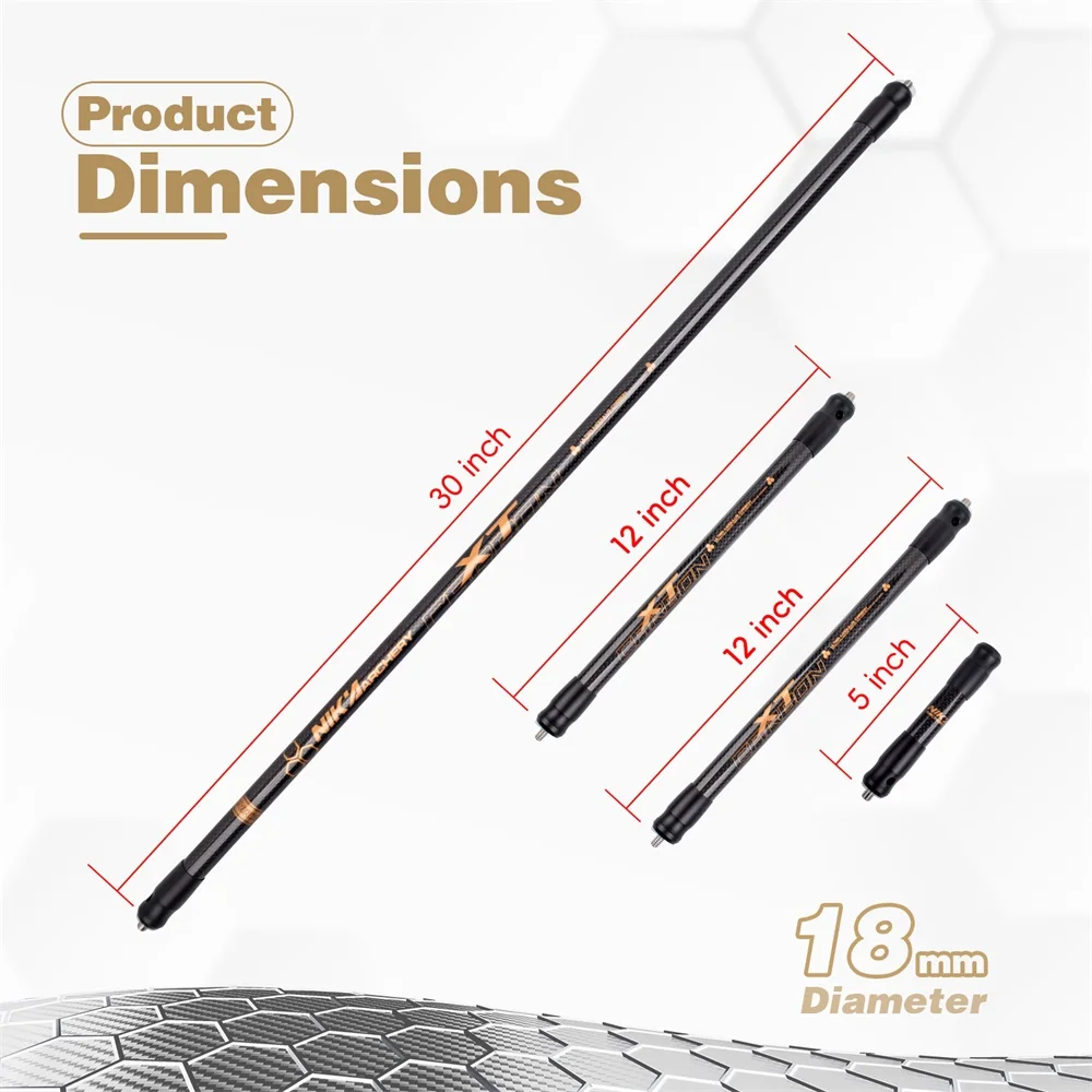 Nika Archery XT Carbon Fiber Bow Stabilizer 3/4/5/10/12/26/28/30 Inch 18mm Damping Rod for Recurve and Compound Bows