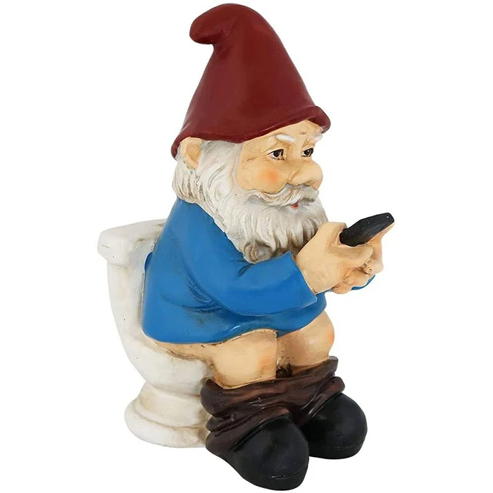 
Funny Dress Up Dwarf Naughty Garden Gnome on a Toilet Playing Phone for Yard Lawn 