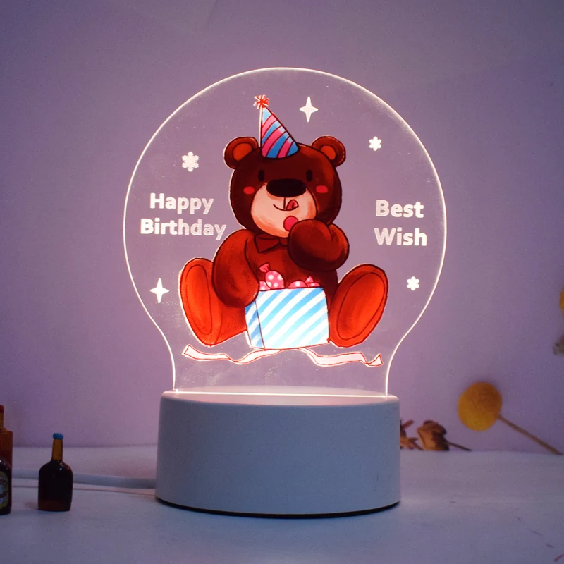3D Illusion Night Lights LED Happy Birthday Night Lights 7-colors Adjustable Birthday Cake Table Lamp Bedroom Acrylic USB Cable