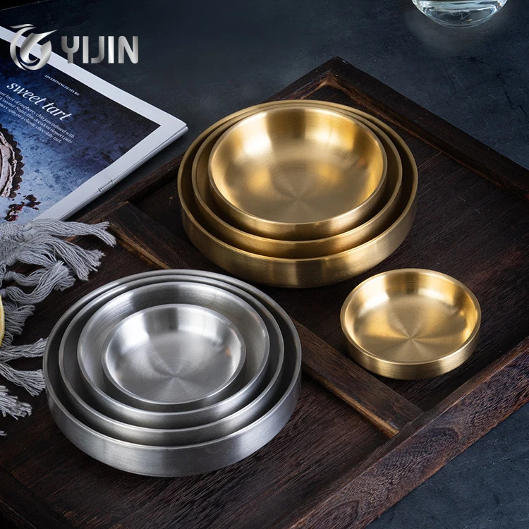 Korean style silver gold double layer small appetizer kimchi soup rice serving bowl stainless steel sauce dish