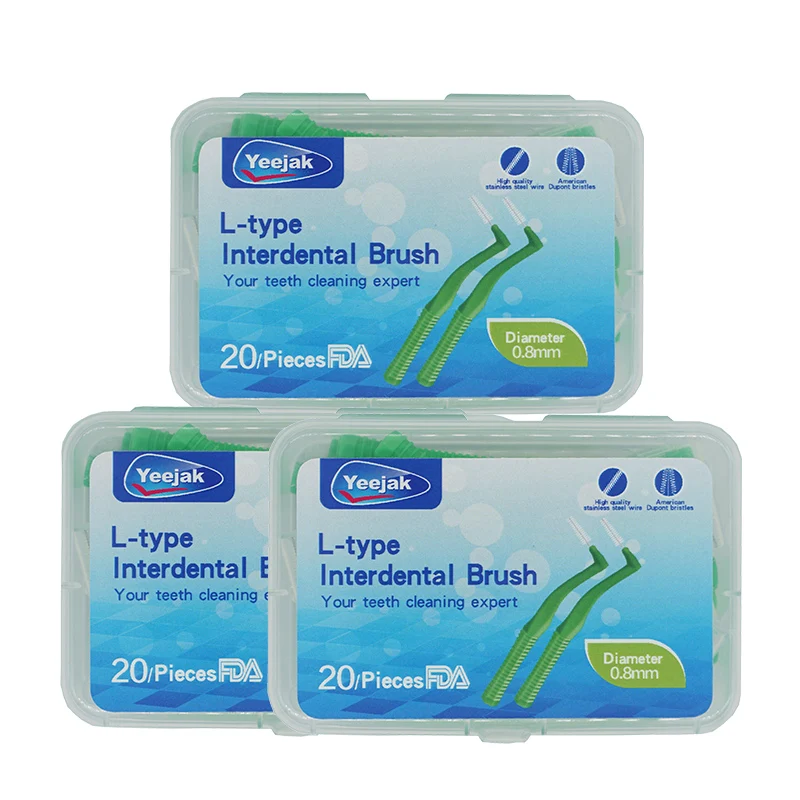 Factory Price Lshape Shape Toothbrushes Angle Brushes Green Long Length Wire Toothbrush braces cleaner  60pcs 0.8mm