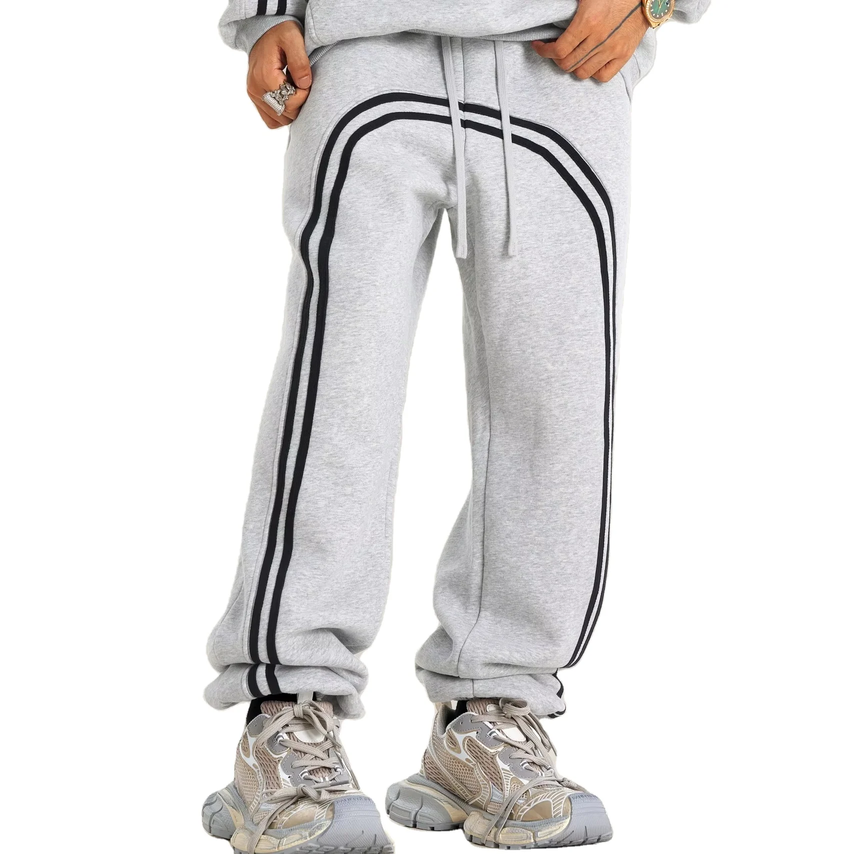 Wholesale New Style Striped  Cotton Washed Colored Rhinestone Baggy Sweatpants Straight Leg Track Sweat Pants Men Custom