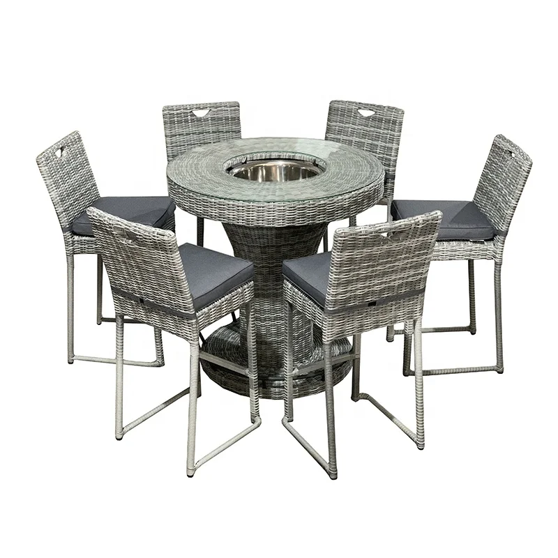 Dark Grey Half Round Outdoor Garden Furniture Rattan 6 Seat Barset Furniture With Round Ice Bucket Bar Table And Bar Chair