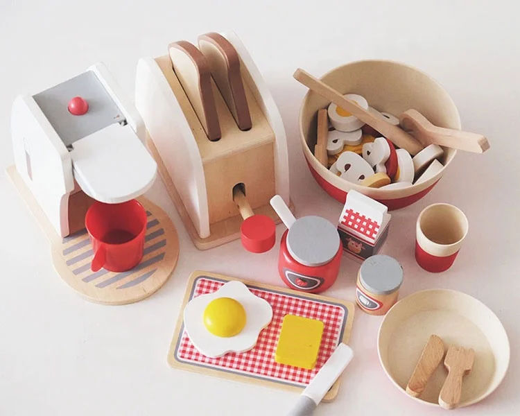 wooden Pretend Play Kitchen Toys Cooking Bread Machine Coffee Machine Mixer Education Toys