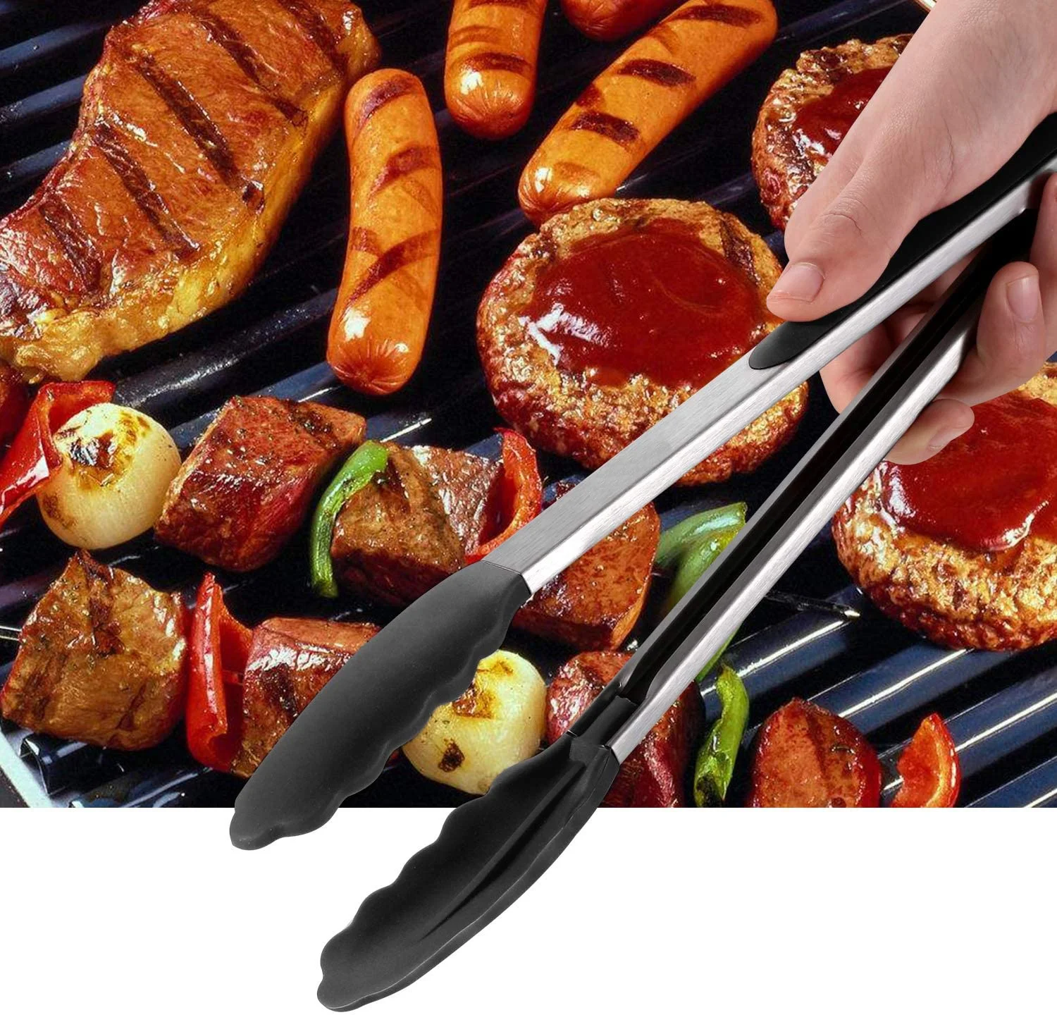 2 Pack Black kitchen tongs, Silicone BPA Free Non-Stick Stainless Steel BBQ Cooking Grilling Locking Food Tongs 9 Inch & 12 Inch