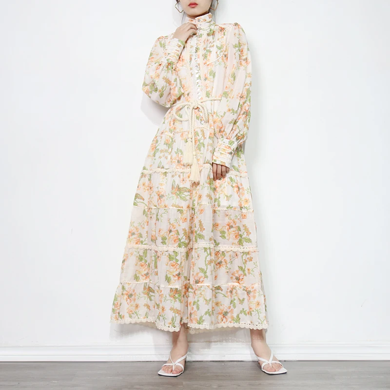 CHICEVER Stand Collar Single Breasted Long Sleeve Lace Up Gathered Waist Fold Hem Dress