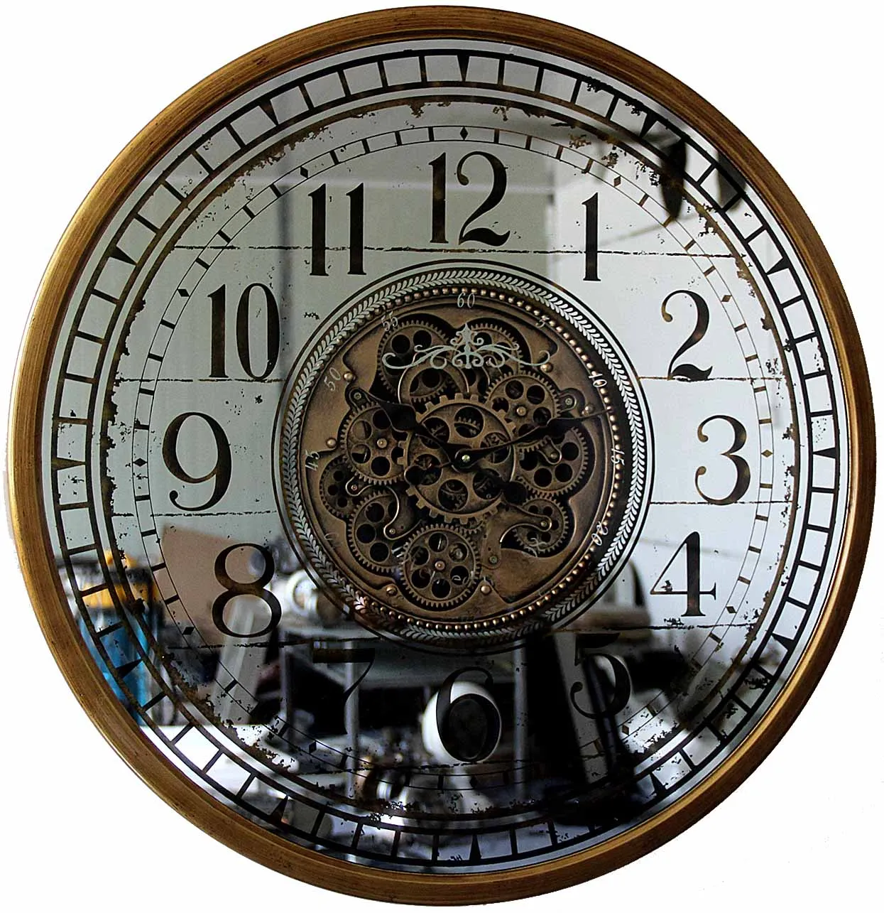 
Metal modern oversized silent non-ticking wall clock with battery operated round clock with moving gears for wall decoration 