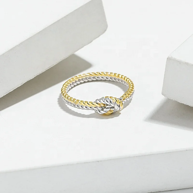 Dina Wholesale Stock Fine Jewelry Vintage Daily Women Minimalist Ring Knot Twisted 925 Sterling Silver Double Color Ring Jewelry