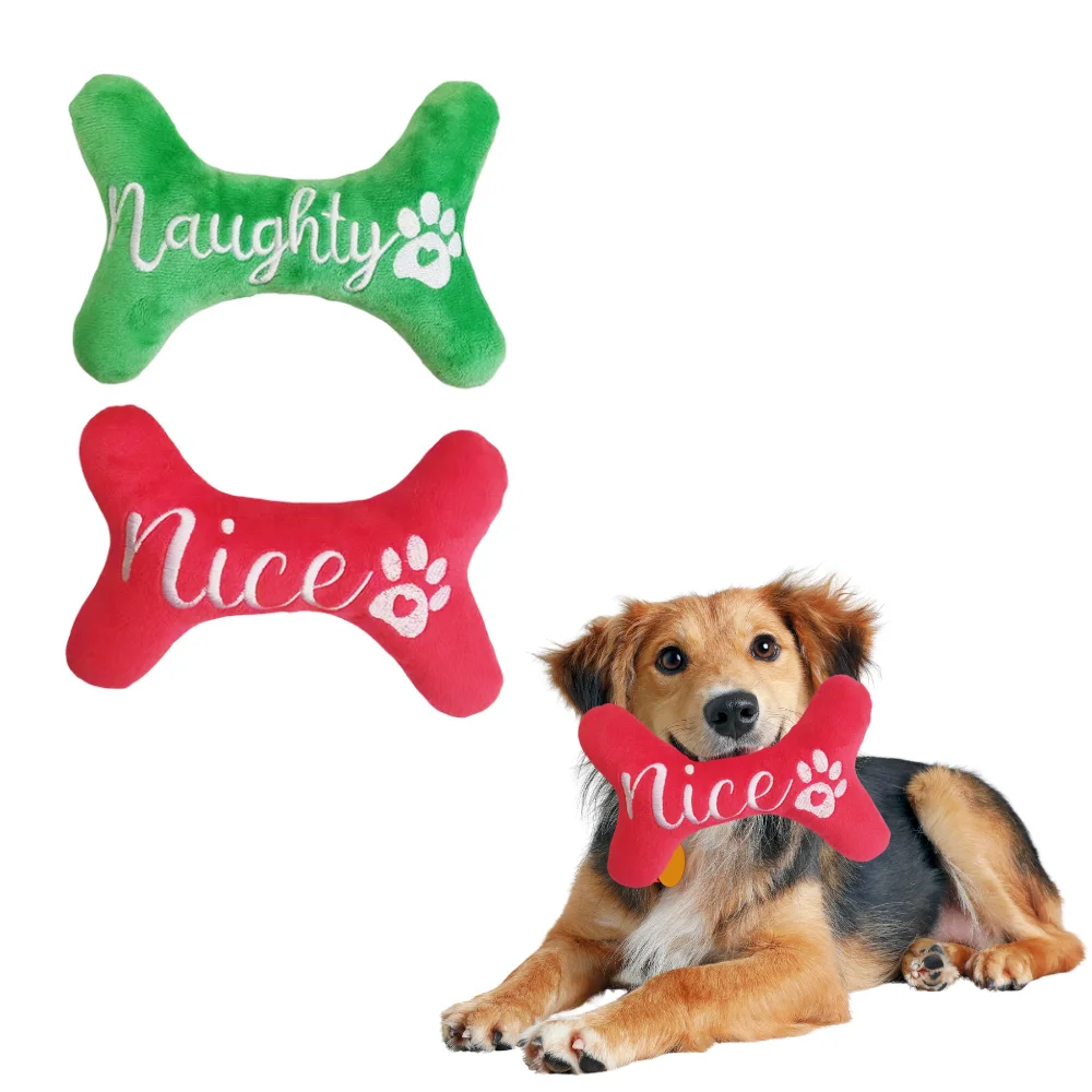 Large Bone Shaped Squeaky Dog Plush Toy Red Green Puppy Xmas Toys With Squeaker