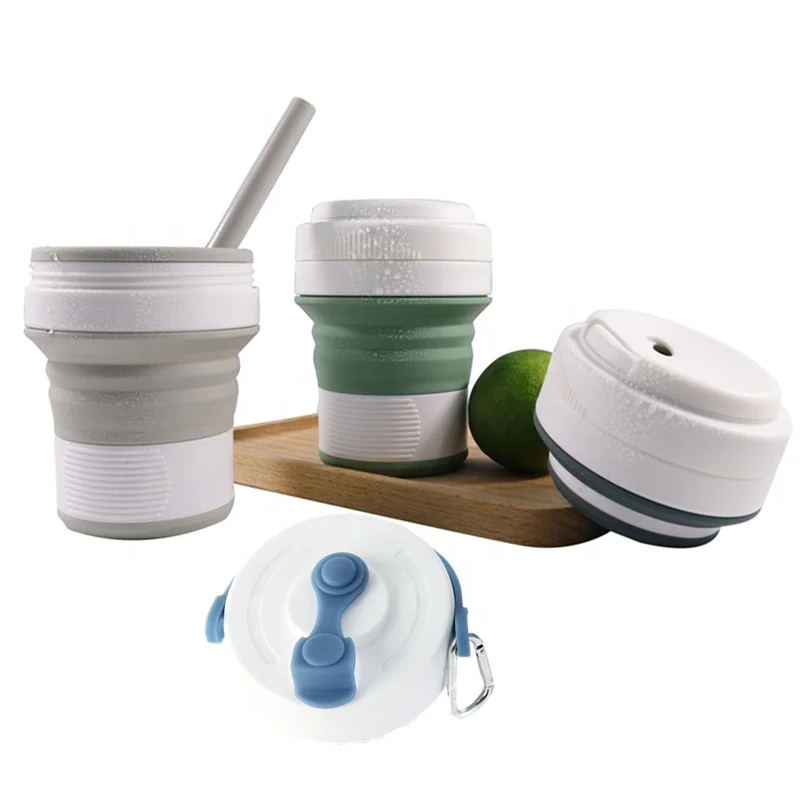 Custom Portable Folding Silicone Camping Cup Reusable Drinking Silicone Collapsible Coffee Mugs Travel Cup with Lid and Straw