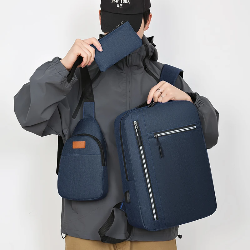 Wholesale 3 in 1 Unisex Softback Waterproof Oxford Laptop Backpack Set High School USB Port Knapsack with Zipper Closure