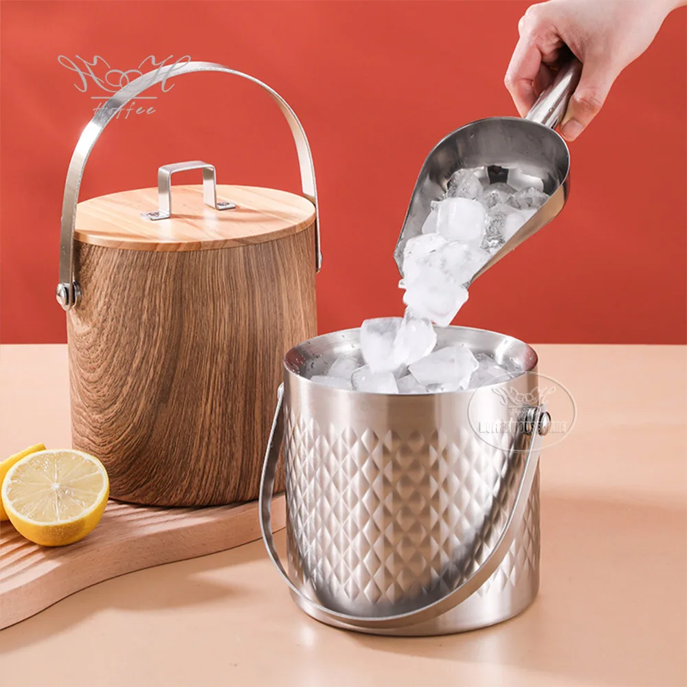 Large Capacity 2L/3L Stainless Steel Champagne Holder Beverage Tub Ice Wine Bucket with Ice Cube Tong and Wood Lid