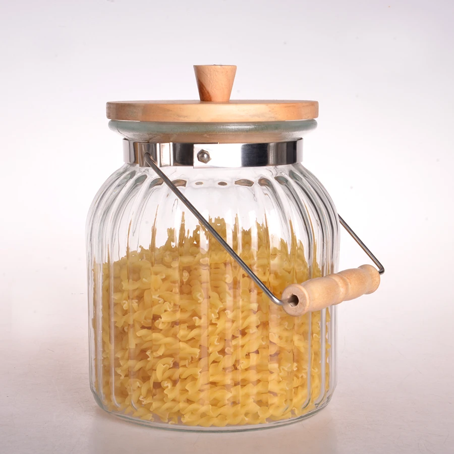 wholesale clear kitchen preserve food glass spice storage jar with airtight wooden top and handle