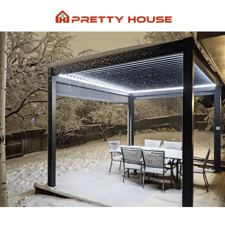Prettyhouse Custom LED Lights Louvre Bioclimatic Aluminium Pergola Manufacturer Factory