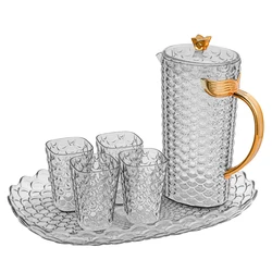 Custom Logo  PS Plastic Fish Scale Kettle Sst Orange Transparent Drinkware Water Jug Set With 4 Cup And Tray Acrylic Pitcher