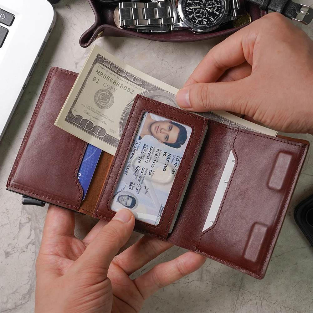 Slim Leather Mens Wallet with Cash Slot Front Pocket, RFID Blocking Metal Aluminum Case Men Wallet
