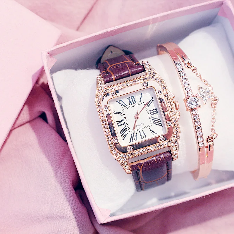 Hot Sale Women Ladies Fashion Leather Strap Square Diamond Quartz Wrist Bracelet Watches Gift Set for ladies women