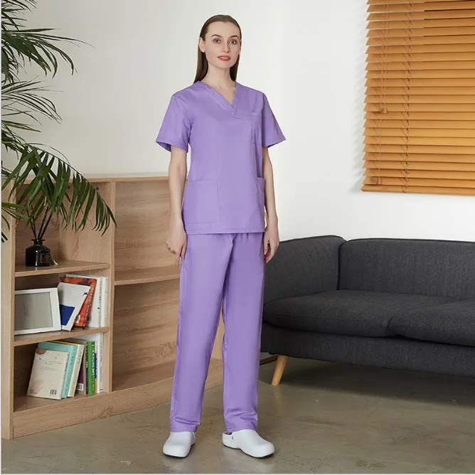 High-end polyester-cotton V-neck surgical gown hand-washing surgical nurse clothes split suit short sleeve custom wholesale