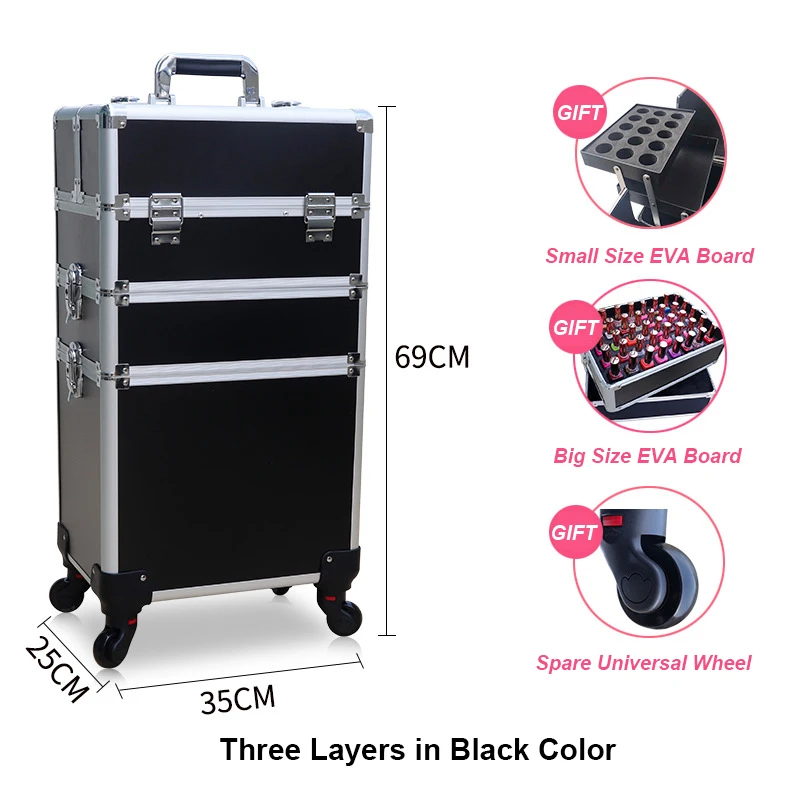 Yaeshii 4 in 1 Aluminum Rolling Cosmetic Makeup Train Cases Trolley Professional Artist Train Case Organizer Box