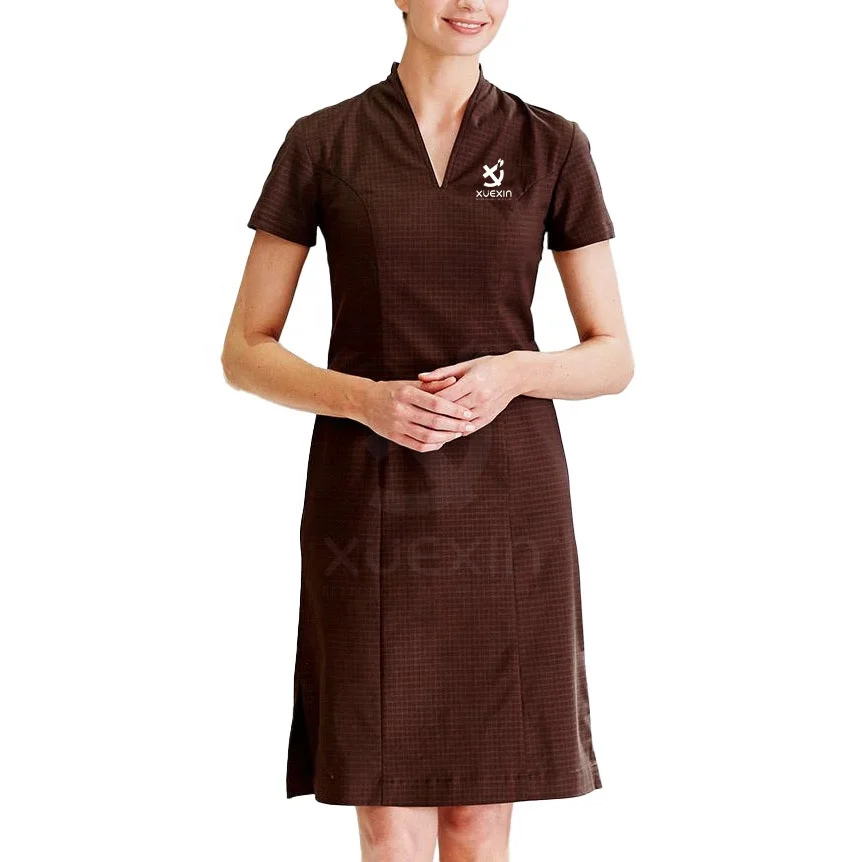 Stylish Housekeeping Uniforms V-neck Hotel Uniforms Maid Dresses Invisible Zip Housekeeping Dress