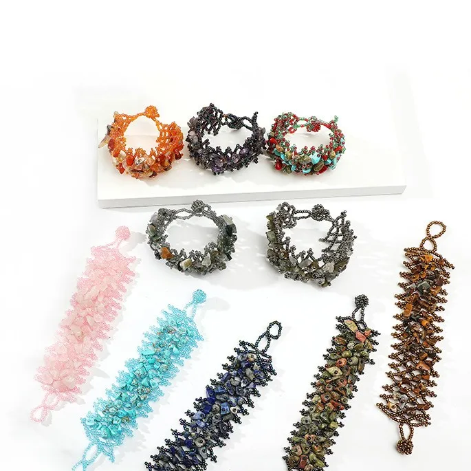 Wollet Fashionable Boho Style Agate Powder Macadamia Woven Handrack Cluster Statement Wide Bracelet for Women