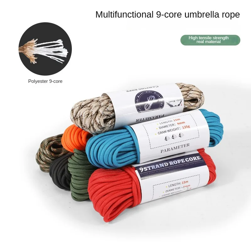15M Nylon 9 Core Wind Rope Outdoor Survival Emergency Rope Camping Tent Canopy Rope 4mm Thickened Factory Direct Sales