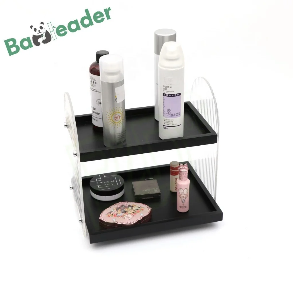 Customized Bamboo Wood Cosmetics Display Rack 2-tier Desktop Acrylic Storage Shelves Versatile Bamboo Acrylic Makeup Organizer