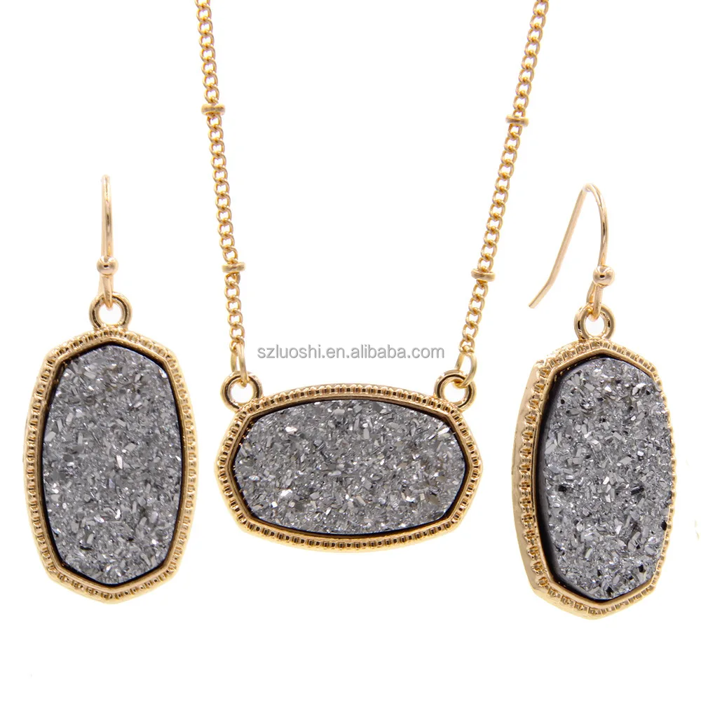 Drusy Elisa Pendant Necklace for Women Fashion Yellow Gold Plated Bead Chain Wedding Oval Hexagon Necklace Earrings Set