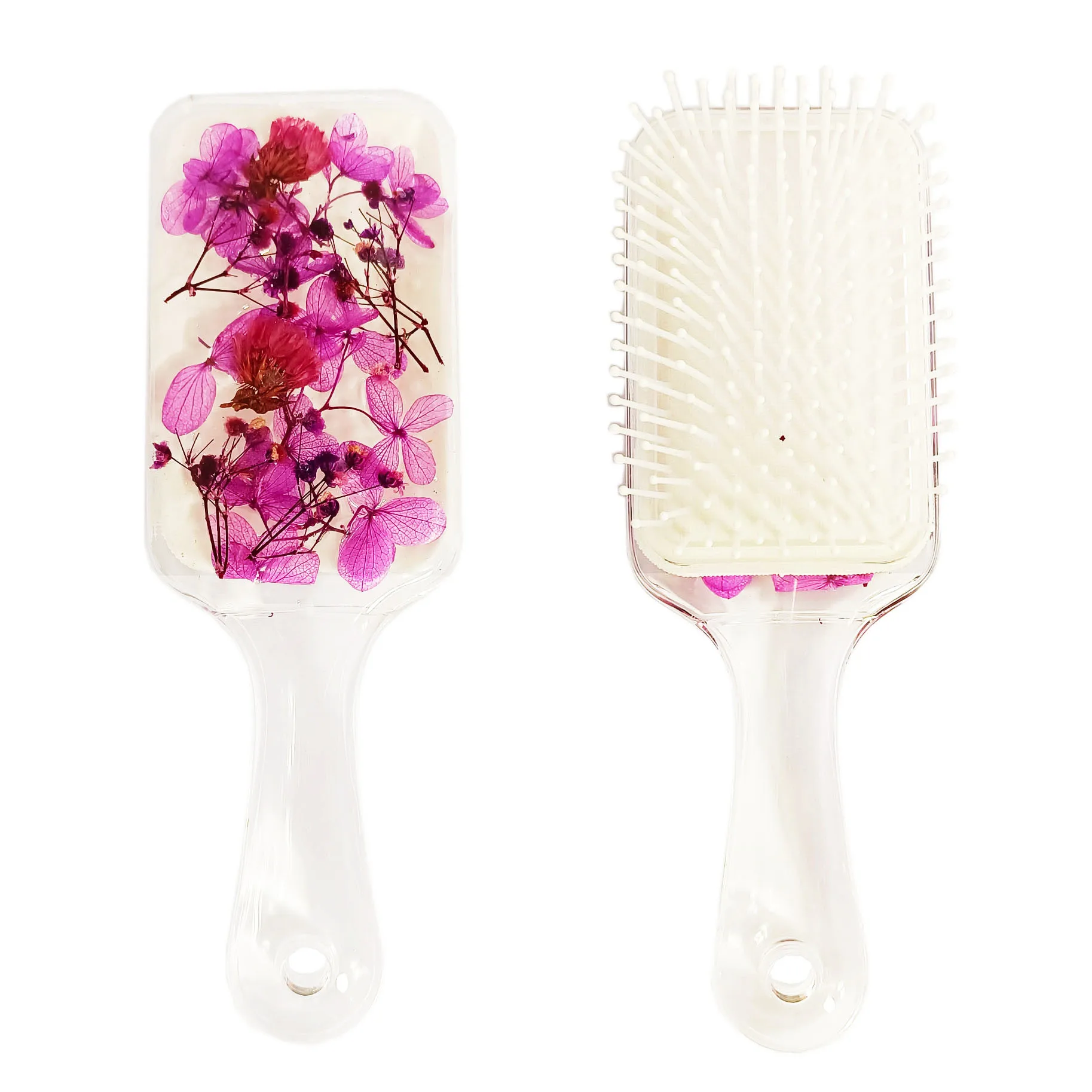 Massage Relax Natural Purple Flowers Stylish Air Cushion Magic Salon Square Acrylic Hair Brush for Home Decoration