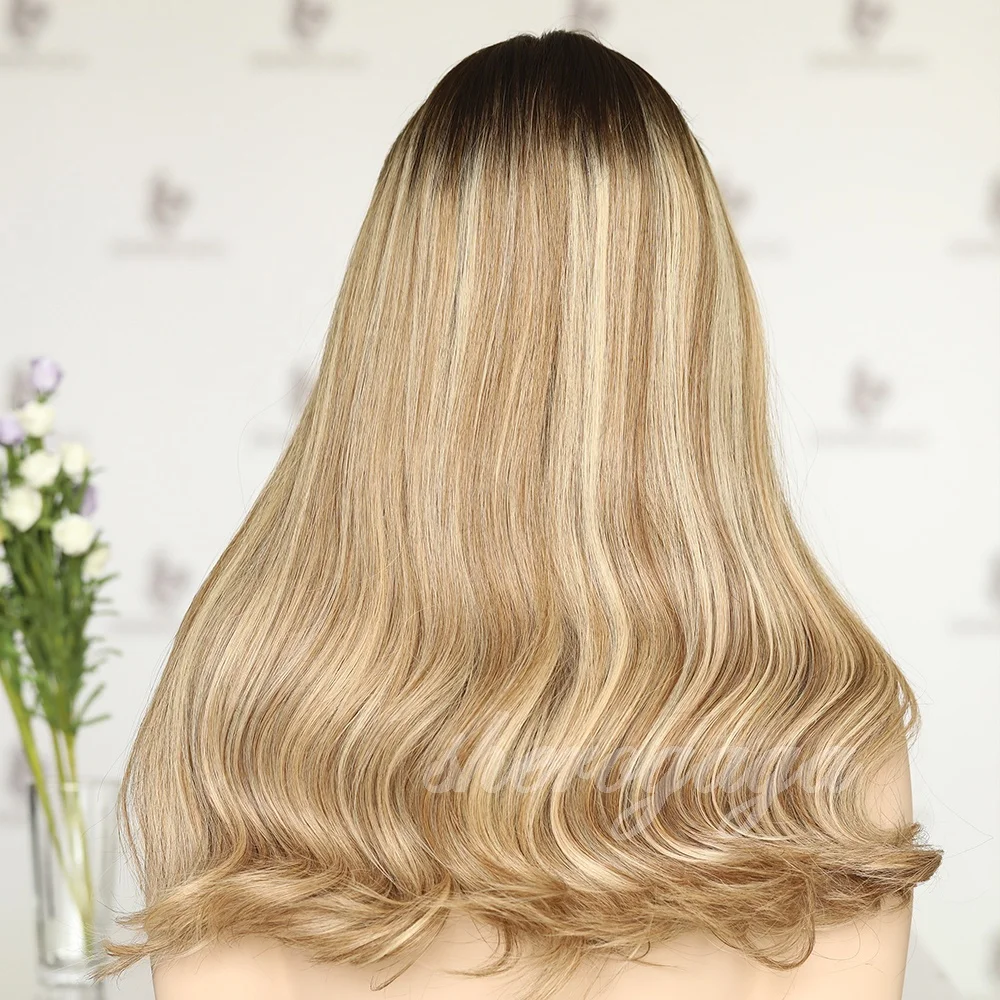 22 Inches Dark Hair Root Ash Blonde Highlights Lace Top Jewish Wigs Ready To Ship Jewish Wig Kosher Wigs