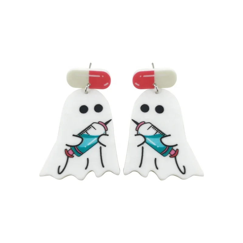 New Ins Cute Unique Funny Pill Capsule Ghost Doctor Syringe Acrylic Print Earrings For Women Medicine Fashion Halloween Jewelry