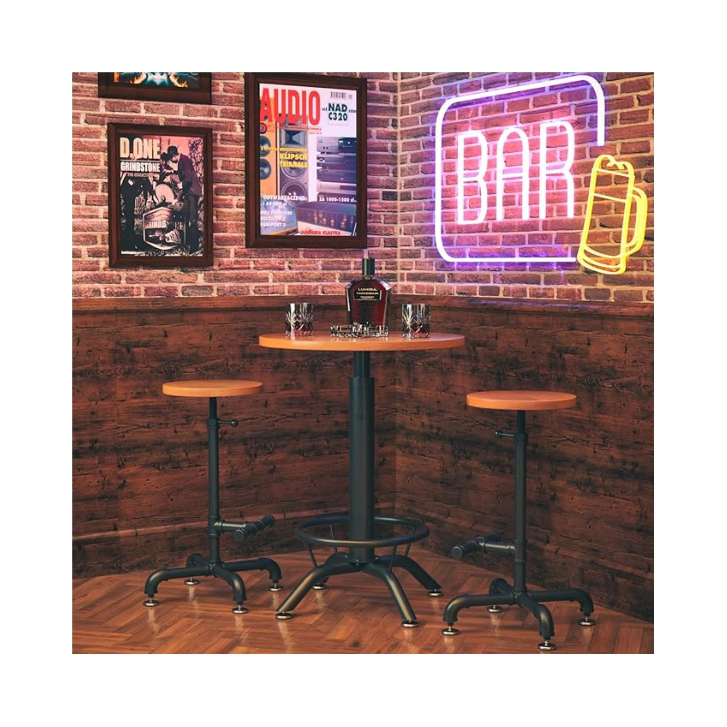 Products Industrial Bar Table & Stools Sets,Round Wood Adjustable Height Bar Table and Chairs Set for Party
