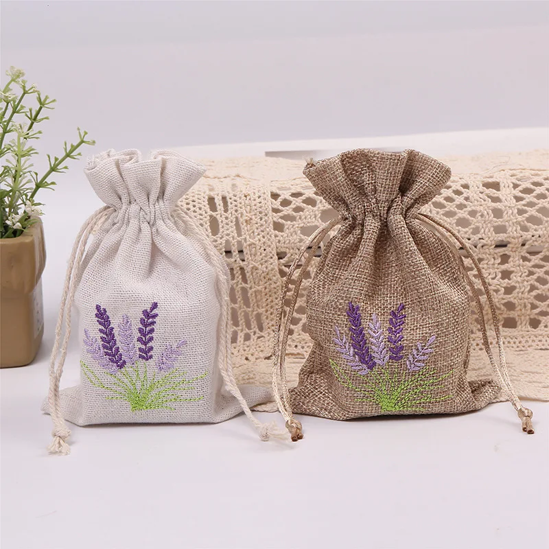 10*14 cm White Cotton Linen Gift Bags Purple Lavender Drawstring Embroidered Bag Drawstring Lavender Bag