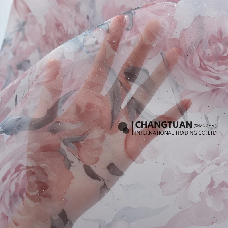 Wholesale High Quality Organza Fabric Shiny Silver Power Big Floral Printed Organza Fabric