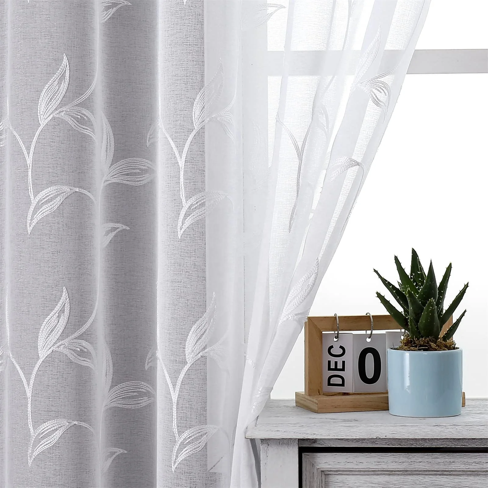 Bindi White Sheer Voile Curtains European Flower Leaf Embroidery Faux Linen Rod Pocket Window Drapes for Home Kitchen