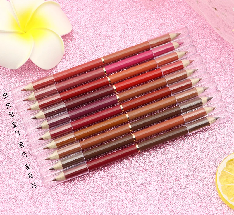 hot selling double-headed lip liner pencil custom logo  pink matte luxury vegan waterproof lip liner private label wholesale