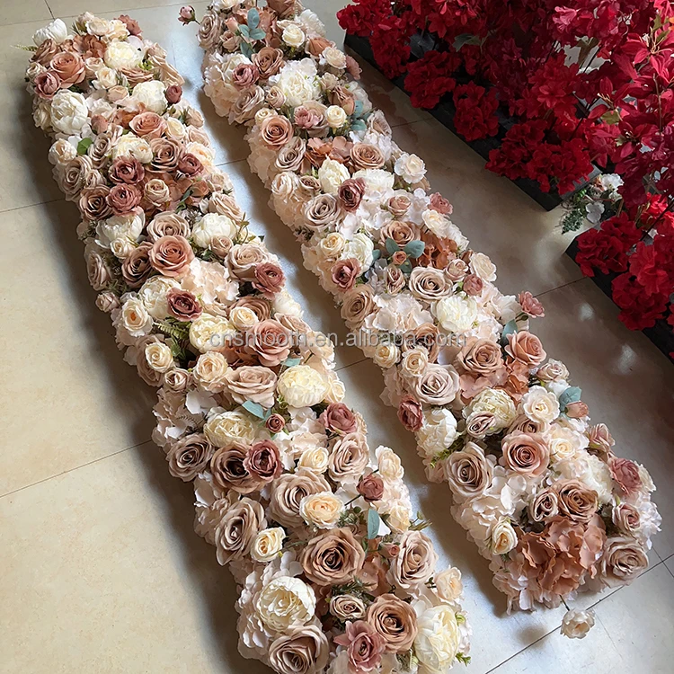 Hot Pink Artificial Flower Runner Wedding Supplies High Quality Rose Floral Panel Table Centerpiece Flower Runner