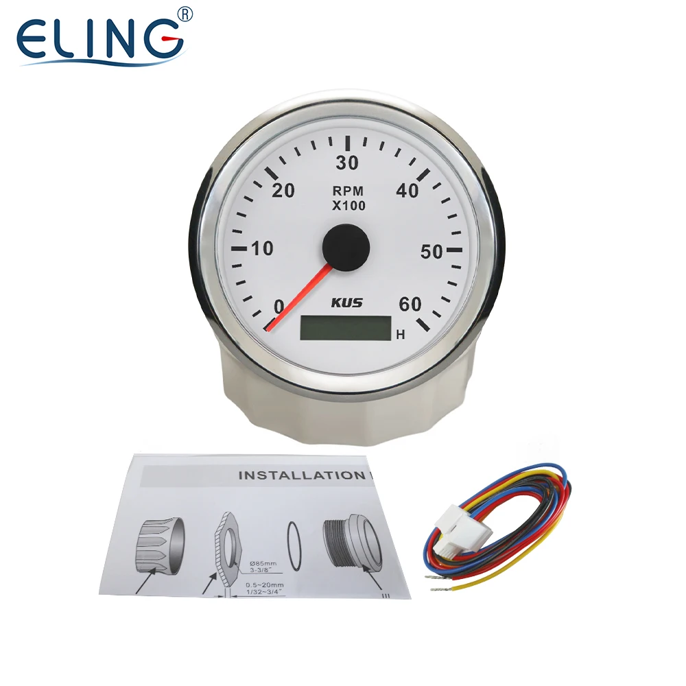 KUS Tachometer RPM Gauge REV Meter with Hour Meter 0-6000RPM 85mm 12V/24V with Backlight