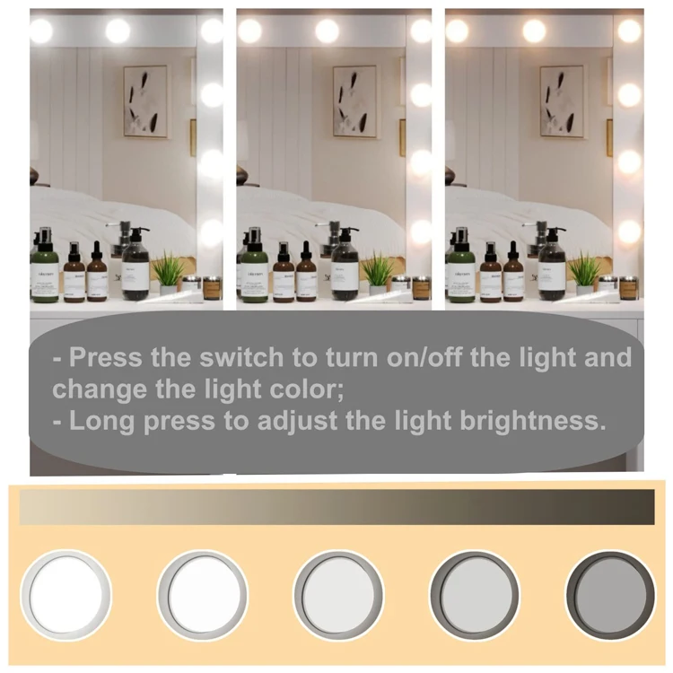 Bedroom Led Light Mirror Touch Screen Wood Dresser Desk Side Table 4 Storage Drawer Dressing Makeup Vanity Table