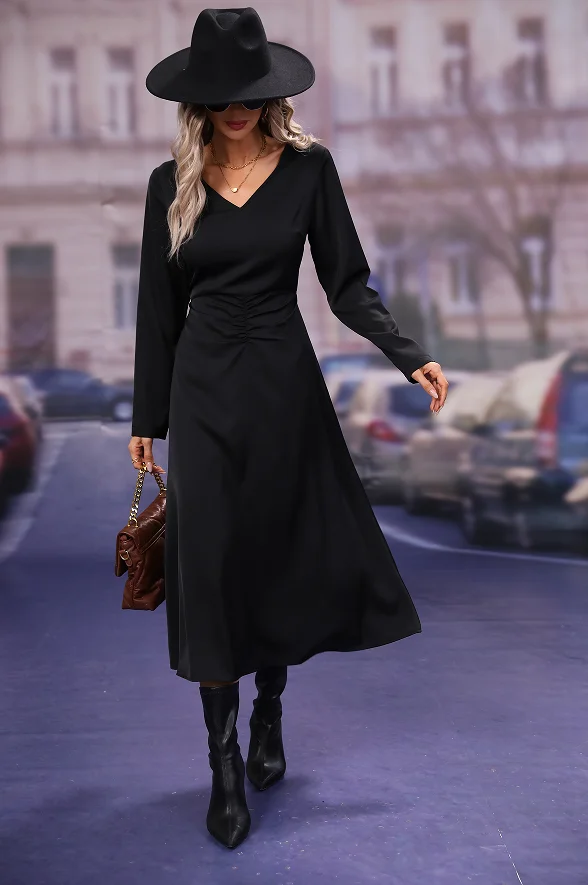 New V-neck Drape Midi Dress Custom Chic Black Color Elastic Cuffs Long Sleeves Fitting Midi Dress For Women