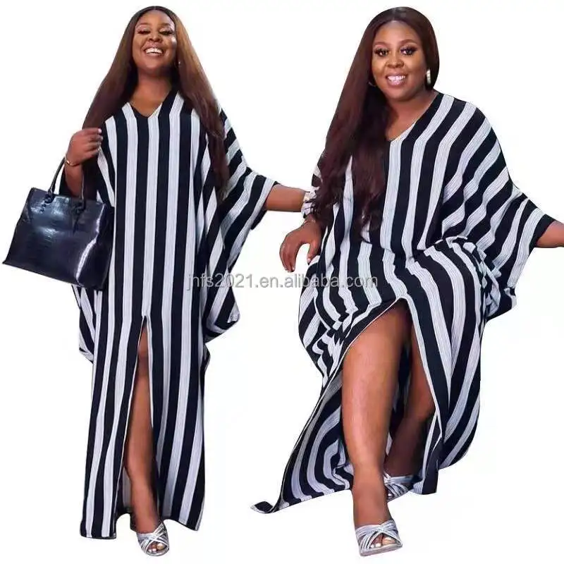 J&H fashion  4XL Plus Size Women Clothing Black and White Stripe Butterfly Sleeves Slit Loose Long Dress Smart Casual Outfit