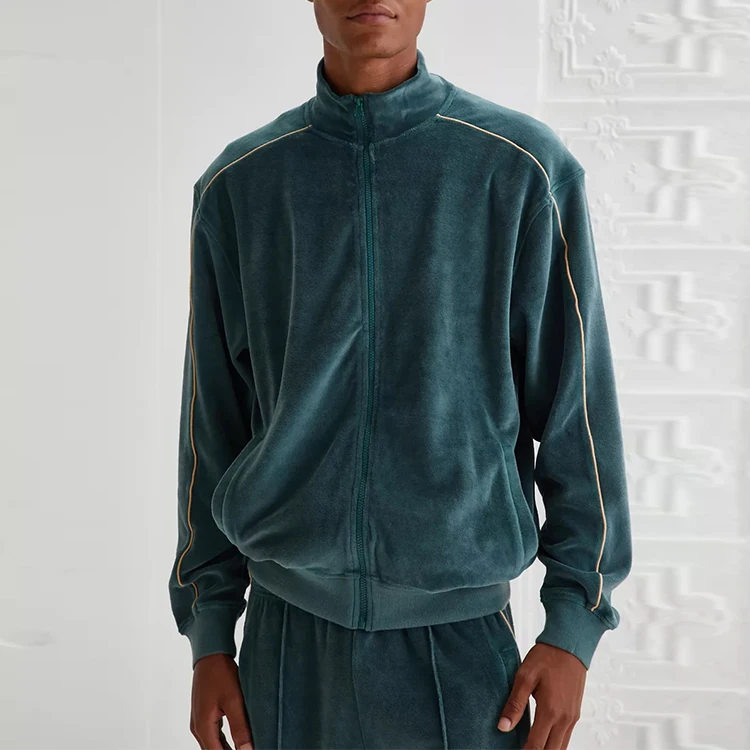Green Zip-Through Velour Track Outerwear Cotton Bulk Factory Custom Outdoor Casual Sports Jacket