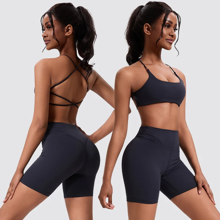 Hingto Custom Yoga Sets 80% Nylon 20% Lycra Gym Fitness Sets Women Crop Top Sports Bra And Shorts Set