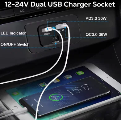 12V USB Outlet, USB A and USB C Port with On Off Switch Compatible with a 12-Volt Power Source