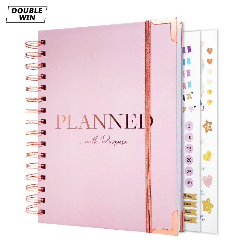 2024 Custom Printing Spiral Weekly Daily Notebook Pink Goal Planner with Stickers