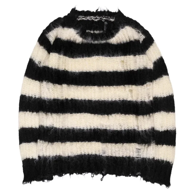 FYB custom crew neck black white stripe mohair knit sweater men pullover fuzzy mohair wool distressed sweater