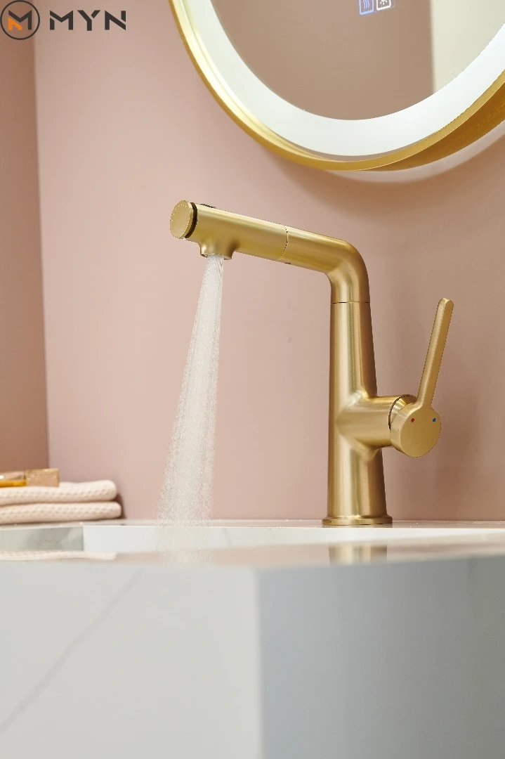 Modern design key switch water brass bathroom faucet hot and cold water control pull out pull up wash face basin faucet